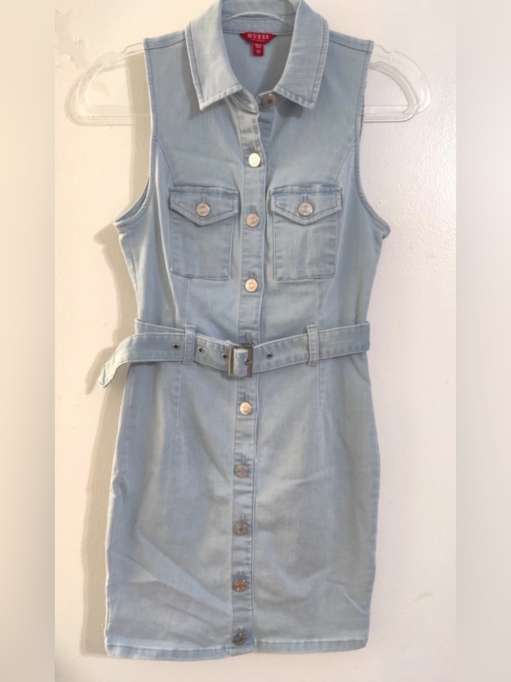Guess Light Blue Sleeveless Denim Belted Mini Dress XS